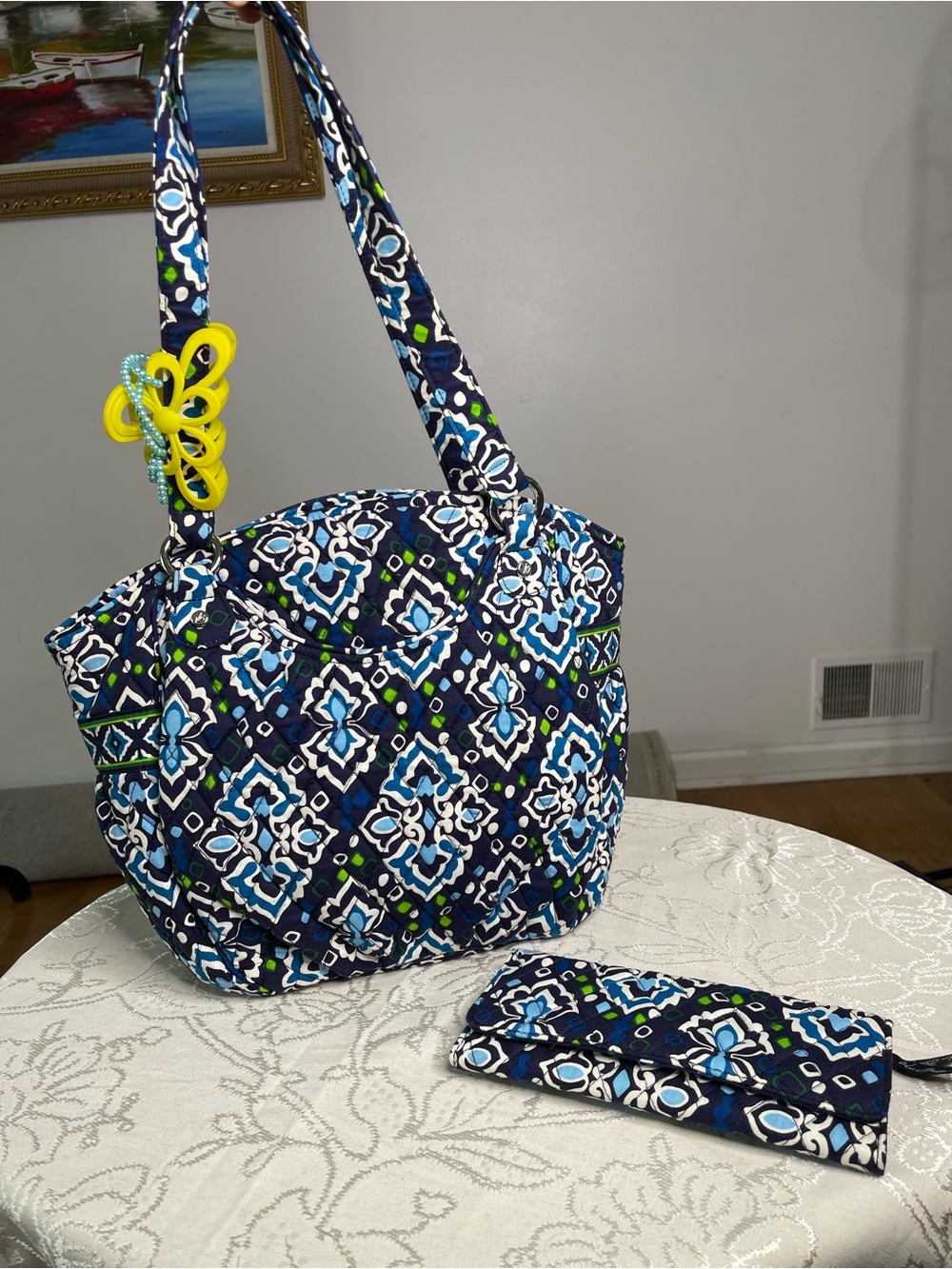 Vera Bradley Navy Blue Quilted Patterned Tote with Wristlet